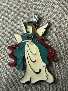 Vintage Wallace Silversmiths Enamel Angel Pendant Christmas Silver Tone